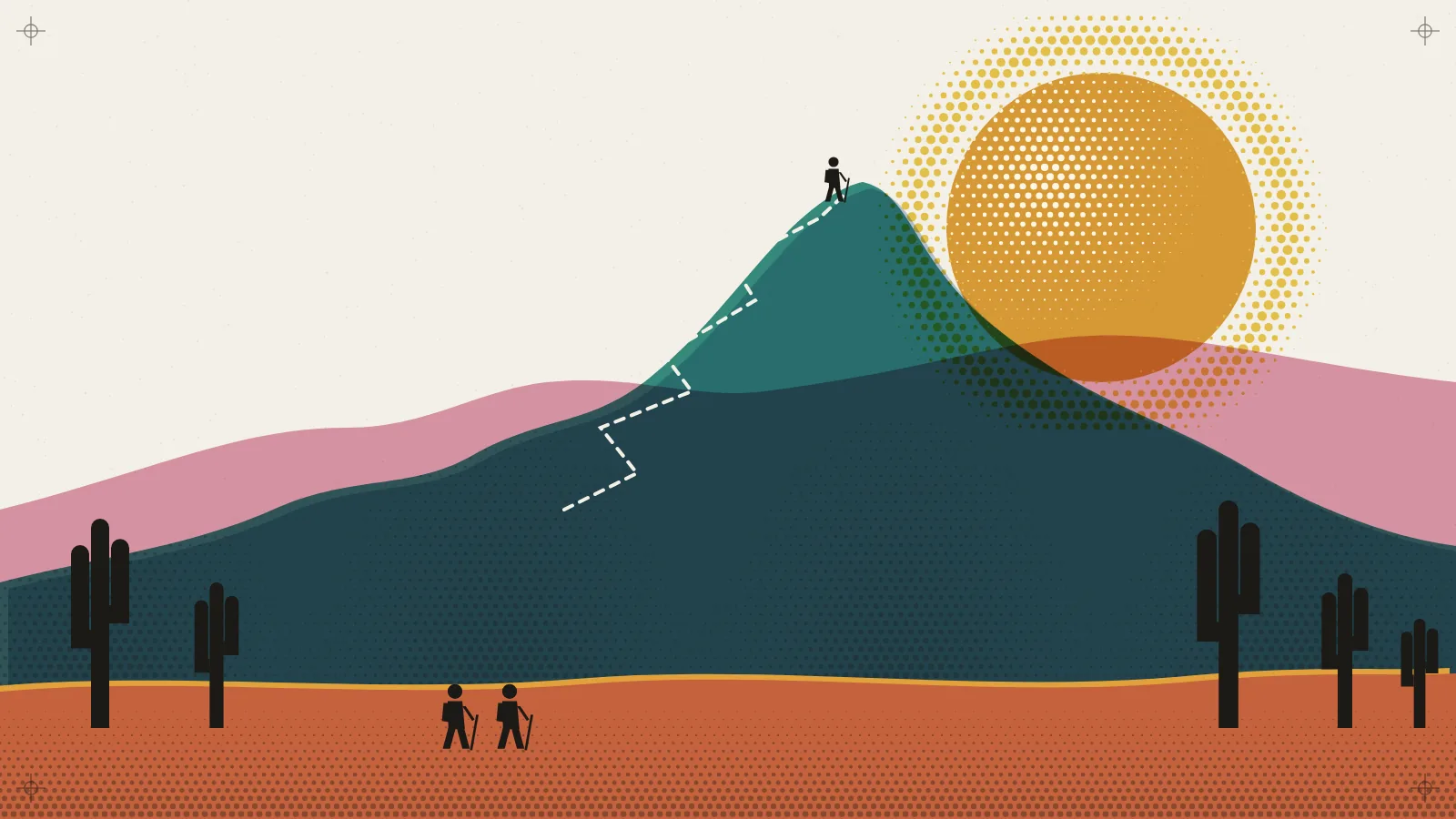 Poster illustration of Christoffelberg in teal and cobalt ink with a dashed trail zigzagging to a small hiker on the summit, a large halftone sun rising on the right and kadushi cacti in the foreground.