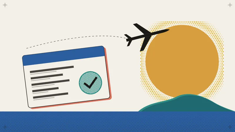 Poster illustration of a blank travel card with a teal halftone check mark stamp, tilted on cream paper, while a black airplane pictogram flies along a dotted path toward a large ochre sun and a green island over a blue sea.