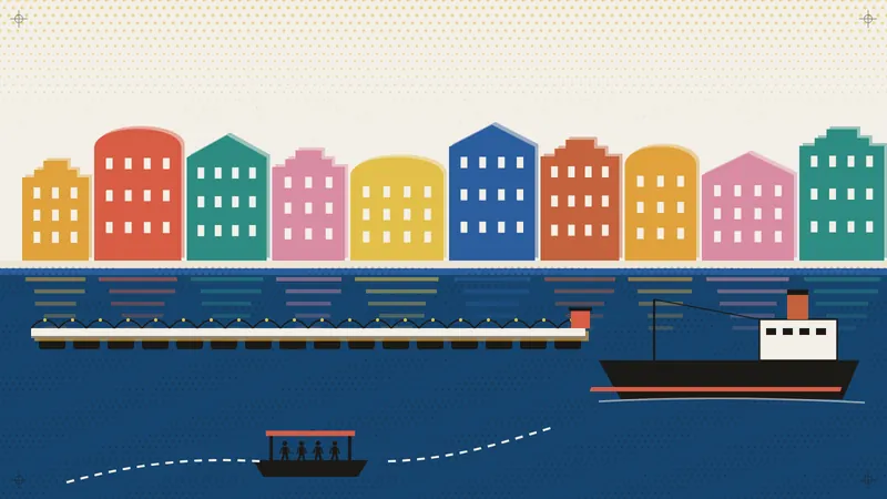 Poster illustration of Willemstad's colourful gabled waterfront facades above a dark blue bay, a long pontoon bridge swung out diagonally across the water, a black ship in the channel and a small ferry with passengers crossing in the foreground.