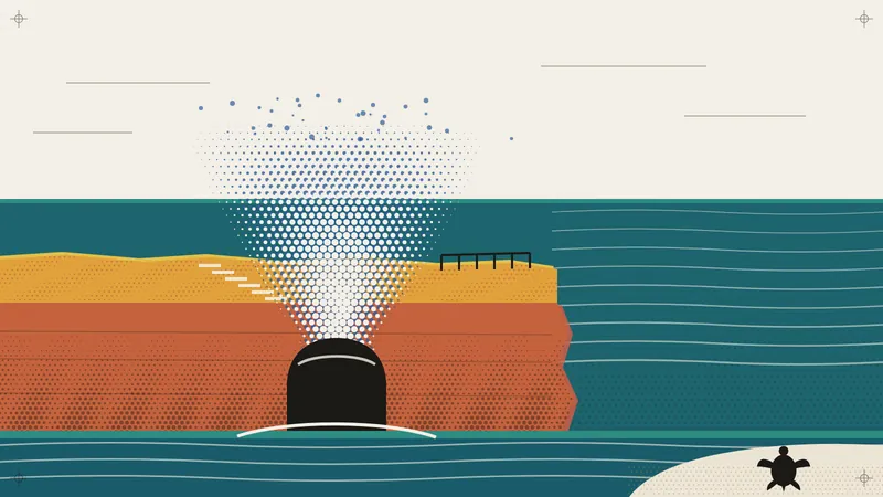 Poster illustration of a limestone bluff in ochre and terracotta above a teal sea, a halftone burst of spray rising out of a dark cave mouth, a railed lookout on the clifftop and a black turtle on a small sandy bay.